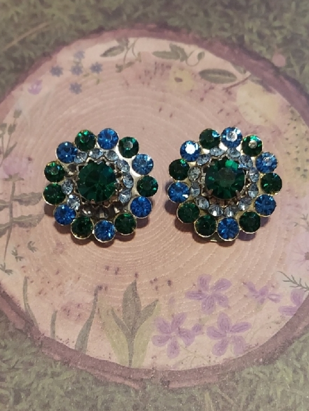 Sparkling Green & Blue Crystal Cluster Clip-on Earrings